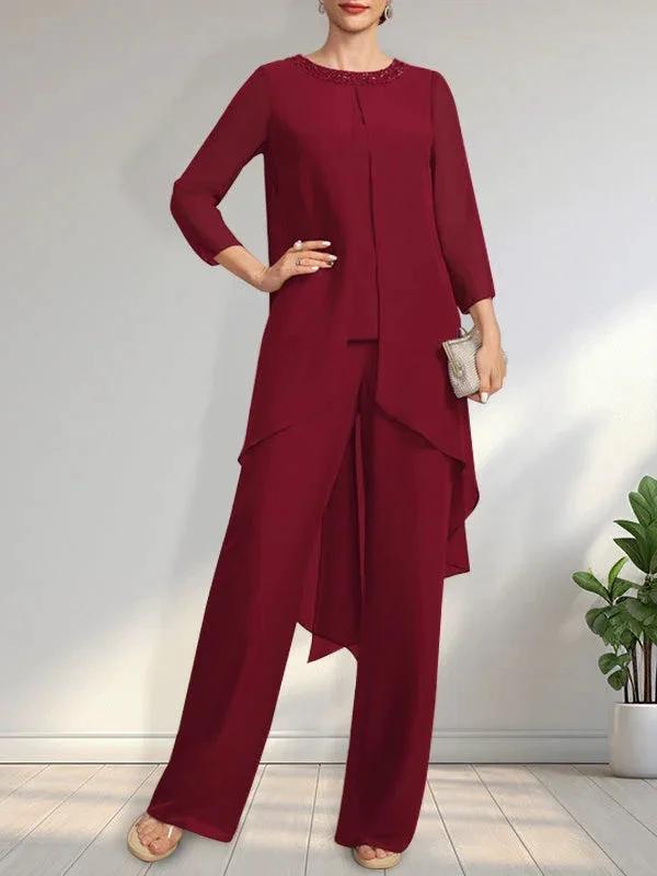 Separates Jumpsuit/Pantsuit Scoop Floor-Length Chiffon Mother of the Bride Dress With Sequins Beading by Dreamylily