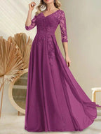 A-line V-Neck Floor-Length Lace Chiffon Mother of the Bride Dress With Sequins by Dreamylily