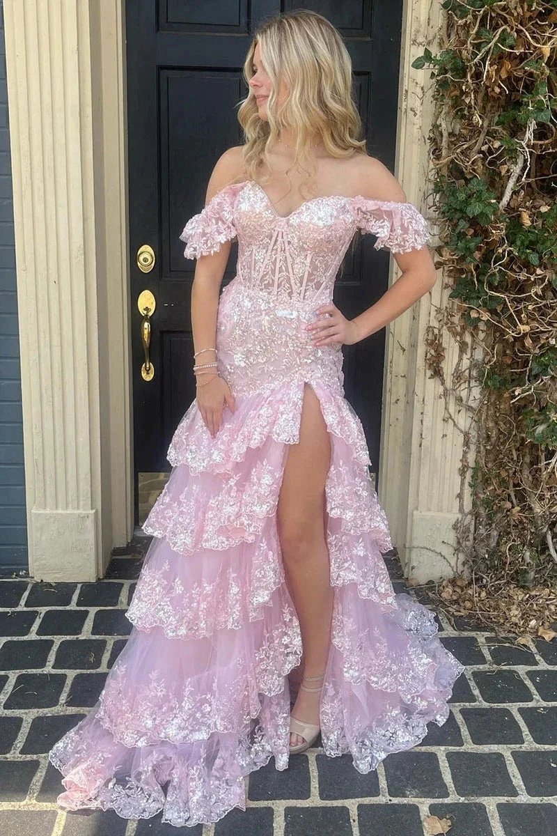Kennedy |Sheath Off the Shoulder Long Lace Prom Dress (Lace-up Back) by KissProm
