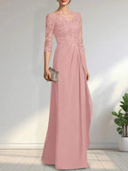 A-line Scoop Illusion Floor-Length Chiffon Lace Mother of the Bride Dress With Beading Sequins Cascading Ruffles by Dreamylily