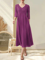 A-line V-Neck Tea-Length Chiffon Lace Mother of the Bride Dress With Beading by Dreamylily