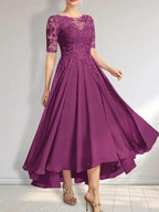 A-line Scoop Illusion Asymmetrical Chiffon Lace Mother of the Bride Dress With Sequins by Dreamylily