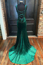Emerald Velvet V-Neck Cutout Back Mermaid Long Formal Dress by KissProm