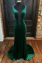 Emerald Velvet V-Neck Cutout Back Mermaid Long Formal Dress by KissProm