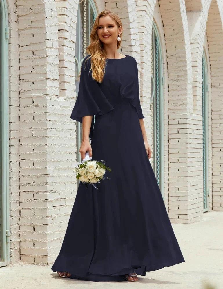 Sunnderly Bridesmaid Dress Women Long Sleeve V-Neck Chiffon Formal Wedding Party Dress SY28018 by numbersea