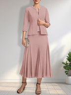 Separates A-line Scoop Tea-Length Chiffon Mother of the Bride Dress With Sequins Beading