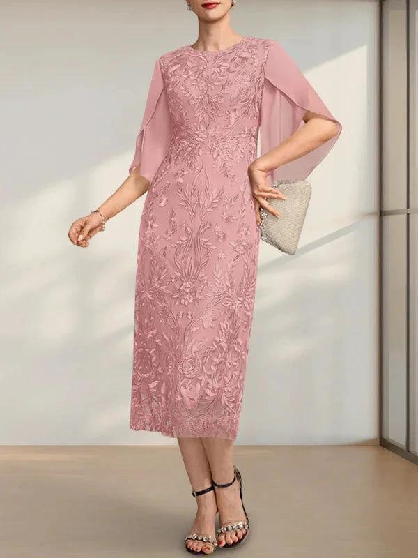 Sheath/Column Scoop Tea-Length Lace Chiffon Mother of the Bride Dress by Dreamylily