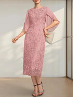 Sheath/Column Scoop Tea-Length Lace Chiffon Mother of the Bride Dress by Dreamylily