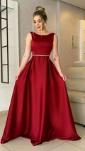 Elegant woman in sleeveless red evening gown with fitted waist, ZAPDRESS fashion