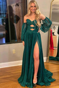 Ana | Hunter Green Rhinestones Strapless A-Line Prom Dress with Sleeves by KissProm
