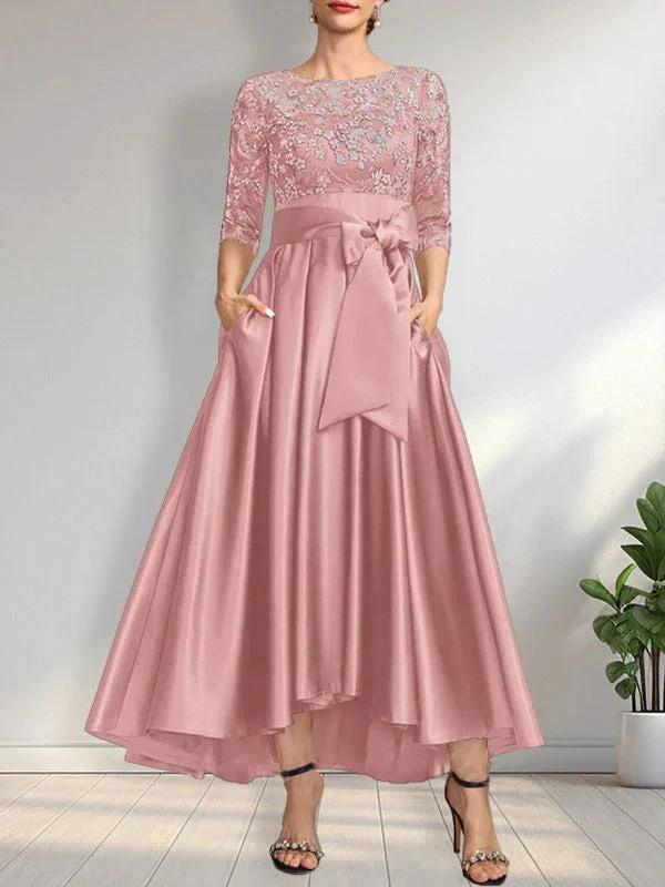 A-line Scoop Illusion Asymmetrical Satin Lace Mother of the Bride Dress With Bow by Dreamylily