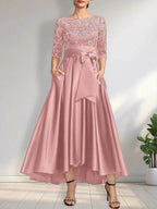A-line Scoop Illusion Asymmetrical Satin Lace Mother of the Bride Dress With Bow by Dreamylily