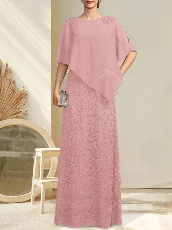 Sheath/Column Scoop Floor-Length Chiffon Lace Mother of the Bride Dress With Sequins Beading by Dreamylily