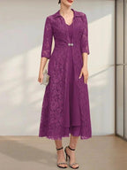 A-line V-Neck Tea-Length Chiffon Mother of the Bride Dress by Dreamylily