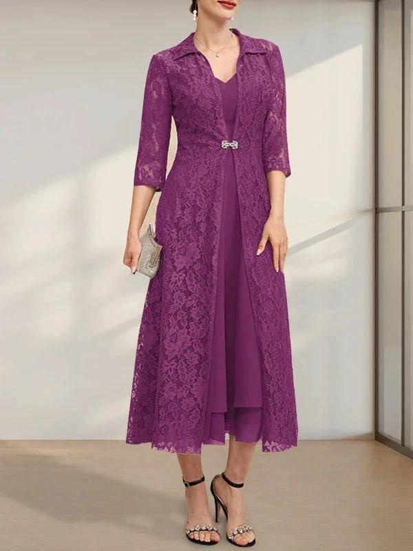 A-line V-Neck Tea-Length Chiffon Mother of the Bride Dress by Dreamylily