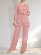 Jumpsuit/Pantsuit Separates Scoop Floor-Length Chiffon Lace Mother of the Bride Dress With Sequins by Dreamylily