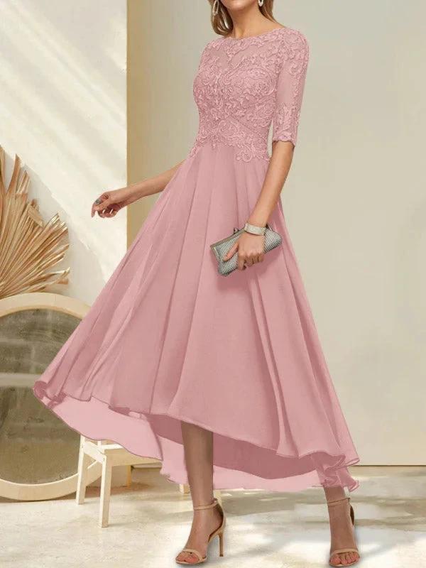 A-line Boat Neck Illusion Asymmetrical Chiffon Lace Mother of the Bride Dress With Sequins Beading by Dreamylily