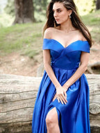 Regal Blue Off The Shoulder A-Line Satin Gown with Elegant Split Hem by BIZTUNNEL