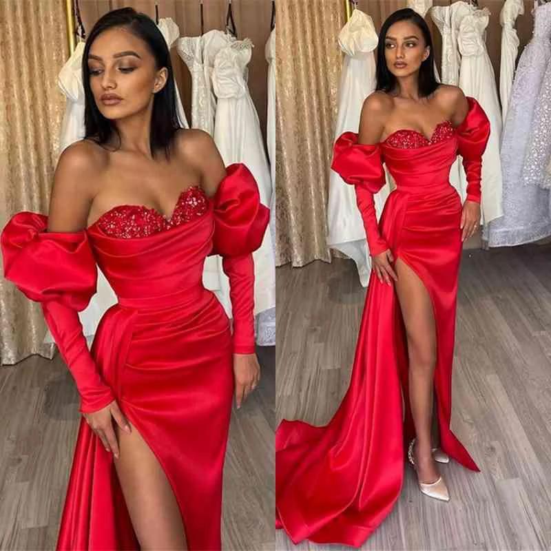 Long Mermaid Off the Shoulder Satin Front Slit Prom Gown with Bubble Sleeves by BIZTUNNEL