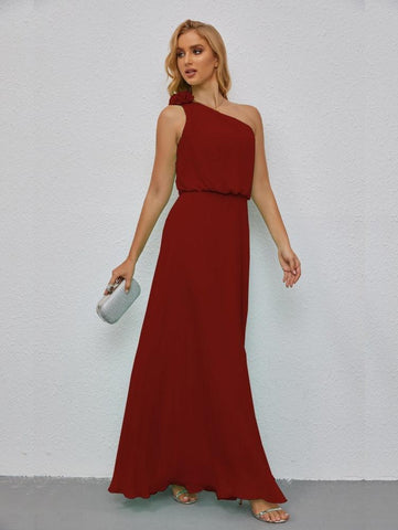Ruffled One Shoulder Sleeveless Long Bridesmaid Dresses A-line Formal Evening Gown Side Split 28080