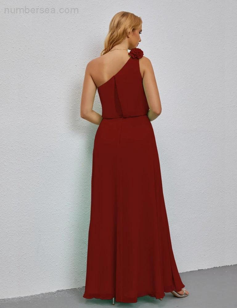 Ruffled One Shoulder Sleeveless Long Bridesmaid Dresses A-line Formal Evening Gown Side Split 28080 by numbersea