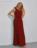 Ruffled One Shoulder Sleeveless Long Bridesmaid Dresses A-line Formal Evening Gown Side Split 28080 by numbersea