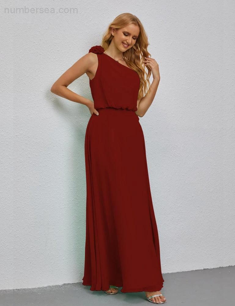 Ruffled One Shoulder Sleeveless Long Bridesmaid Dresses A-line Formal Evening Gown Side Split 28080 by numbersea