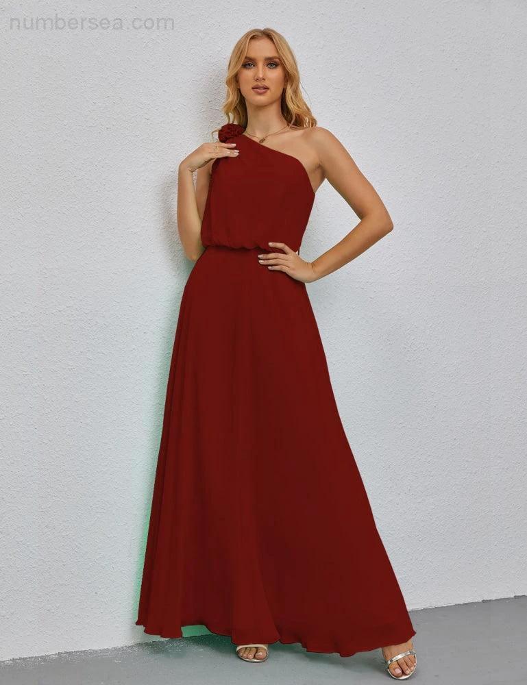Ruffled One Shoulder Sleeveless Long Bridesmaid Dresses A-line Formal Evening Gown Side Split 28080 by numbersea