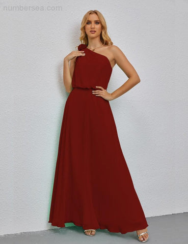 Ruffled One Shoulder Sleeveless Long Bridesmaid Dresses A-line Formal Evening Gown Side Split 28080