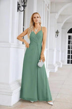 Ladies Chiffon Spaghetti Strap V Neck Front Slit Floor Length Bridesmaid Evening Dress Prom Party Wedding Evening Dress 28116 by numbersea
