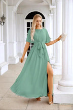 Ladies Chiffon Sleeve Crew Neck Front Slit Floor Length Bridesmaid Evening Dress Wedding Party Evening Dress 28124 by numbersea