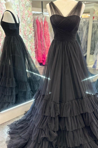 Mariam | Vestido de fiesta de tul con capas y escote en V ilusión de línea A