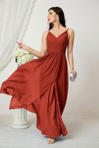 Numbersea Chiffon V-Neck Bridesmaid Dress Spaghetti Strap Long Formal Party Prom Gowns with Slit 28010