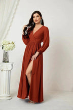 Sunnderly Evening Dresses Deep V-Neck Chiffon Bridesmaid Dresses Long Bishop Sleeve Side Split Formal Dress SY2806 by numbersea