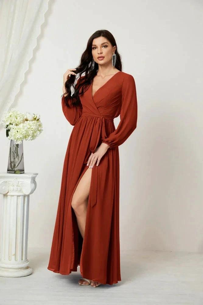 Sunnderly Evening Dresses Deep V-Neck Chiffon Bridesmaid Dresses Long Bishop Sleeve Side Split Formal Dress SY2806 by numbersea