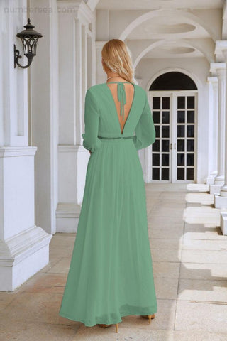 Ladies V Neck Chiffon Long Sleeve Front Slit Bridesmaid Evening Dress Wedding Party Shopping Evening Dress 28109
