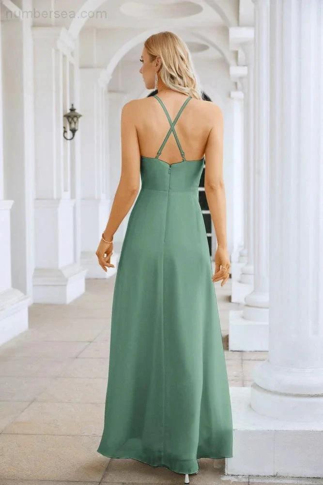 Ladies Chiffon Spaghetti Strap V Neck Front Slit Floor Length Bridesmaid Evening Dress Prom Party Wedding Evening Dress 28116 by numbersea