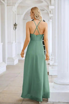 Ladies Chiffon Spaghetti Strap V Neck Front Slit Floor Length Bridesmaid Evening Dress Prom Party Wedding Evening Dress 28116 by numbersea