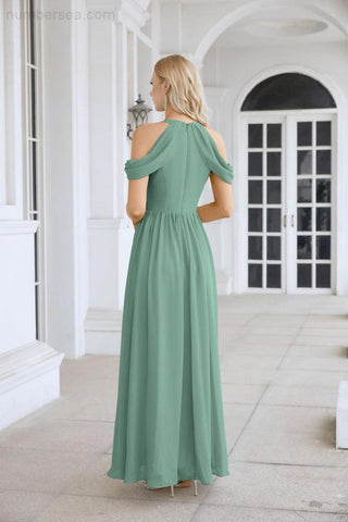 Ladies Chiffon Off Shoulder Swing Sleeve Front Slit Bridesmaid Evening Dress Wedding Party Evening Dress 28117