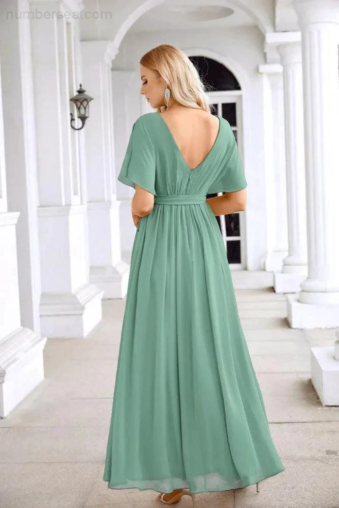 Ladies Chiffon Sleeve Crew Neck Front Slit Floor Length Bridesmaid Evening Dress Wedding Party Evening Dress 28124 by numbersea