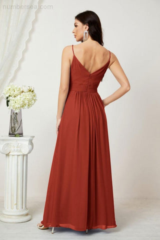 Numbersea Chiffon V-Neck Bridesmaid Dress Spaghetti Strap Long Formal Party Prom Gowns with Slit 28010