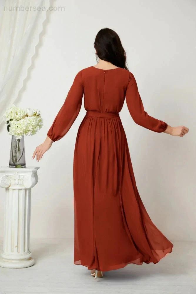 Sunnderly Evening Dresses Deep V-Neck Chiffon Bridesmaid Dresses Long Bishop Sleeve Side Split Formal Dress SY2806 by numbersea