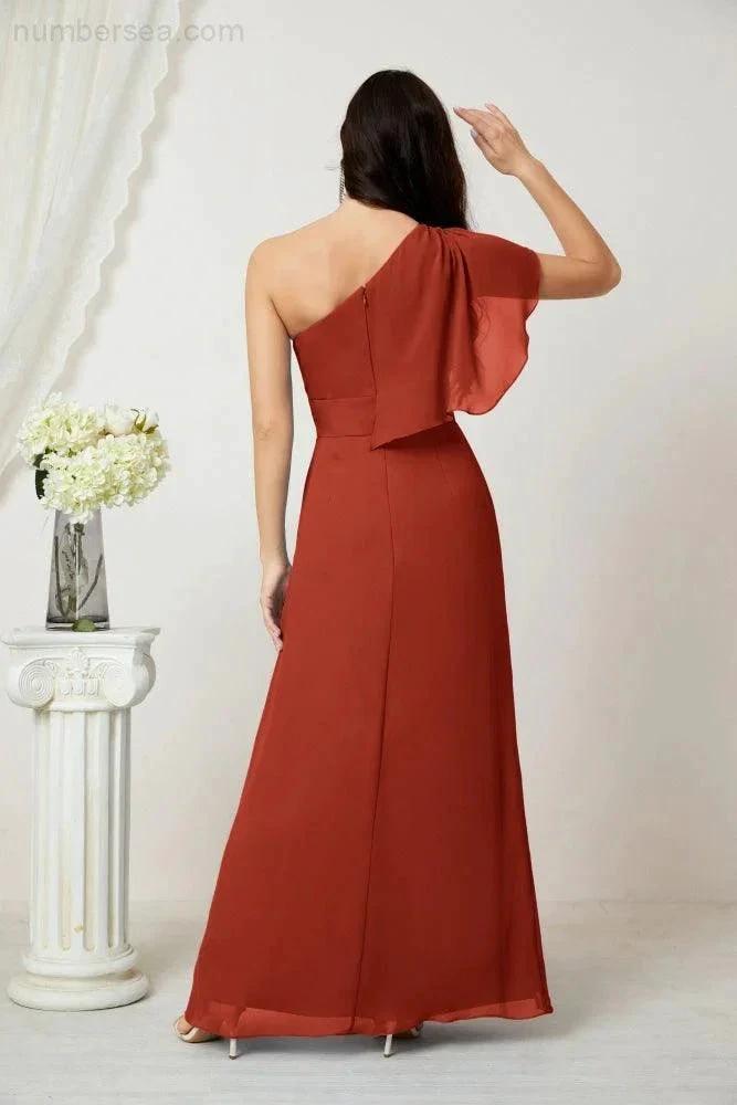 Numbersea Chiffon Ruffled One Shoulder Long Bridesmaid Dresses A-line Formal Evening Gown Side Split 2809 by numbersea