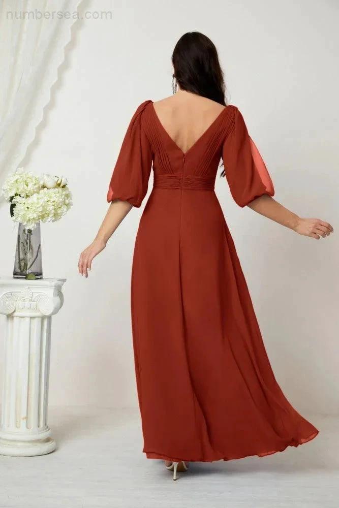 Numbersea Formal Prom Gown Women V-Neck Chiffon Bridesmaid Dresses Long Bishop Sleeve Party Dress 2807 by numbersea