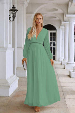 Ladies V Neck Chiffon Long Sleeve Front Slit Bridesmaid Evening Dress Wedding Party Shopping Evening Dress 28109