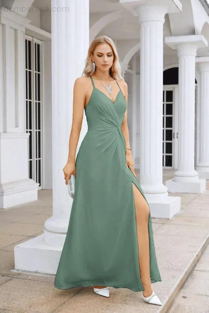 Ladies Chiffon Spaghetti Strap V Neck Front Slit Floor Length Bridesmaid Evening Dress Prom Party Wedding Evening Dress 28116 by numbersea