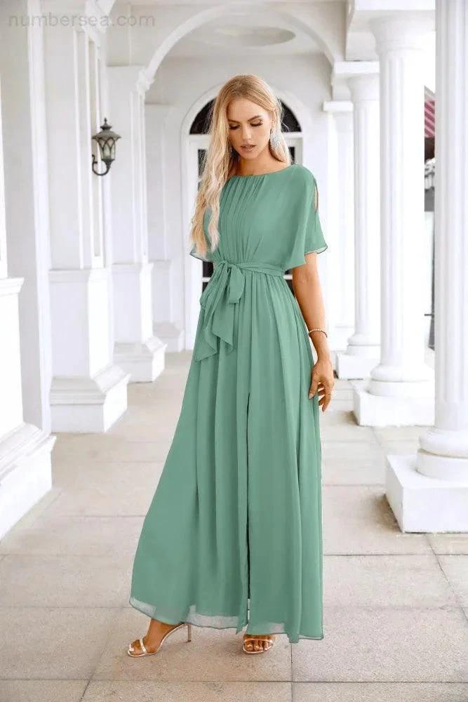 Ladies Chiffon Sleeve Crew Neck Front Slit Floor Length Bridesmaid Evening Dress Wedding Party Evening Dress 28124 by numbersea