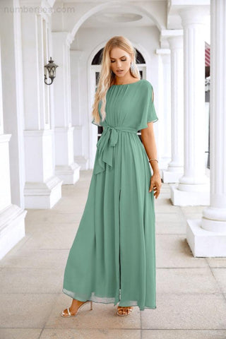 Ladies Chiffon Sleeve Crew Neck Front Slit Floor Length Bridesmaid Evening Dress Wedding Party Evening Dress 28124