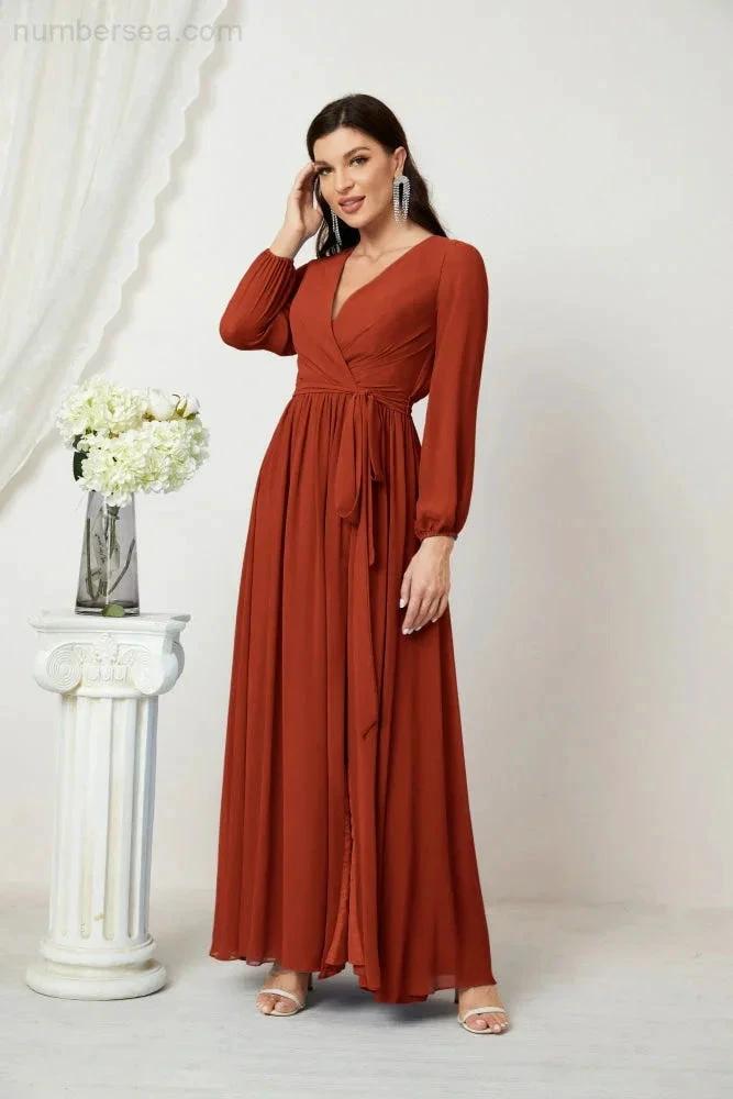 Sunnderly Evening Dresses Deep V-Neck Chiffon Bridesmaid Dresses Long Bishop Sleeve Side Split Formal Dress SY2806 by numbersea