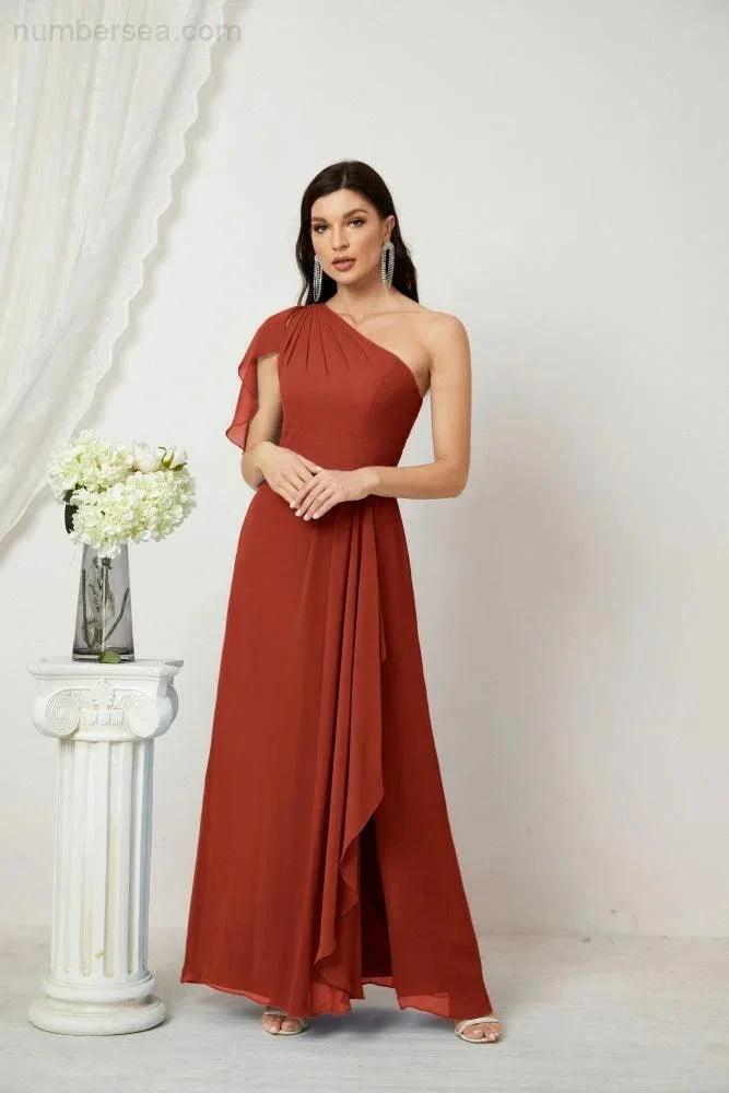 Numbersea Chiffon Ruffled One Shoulder Long Bridesmaid Dresses A-line Formal Evening Gown Side Split 2809 by numbersea